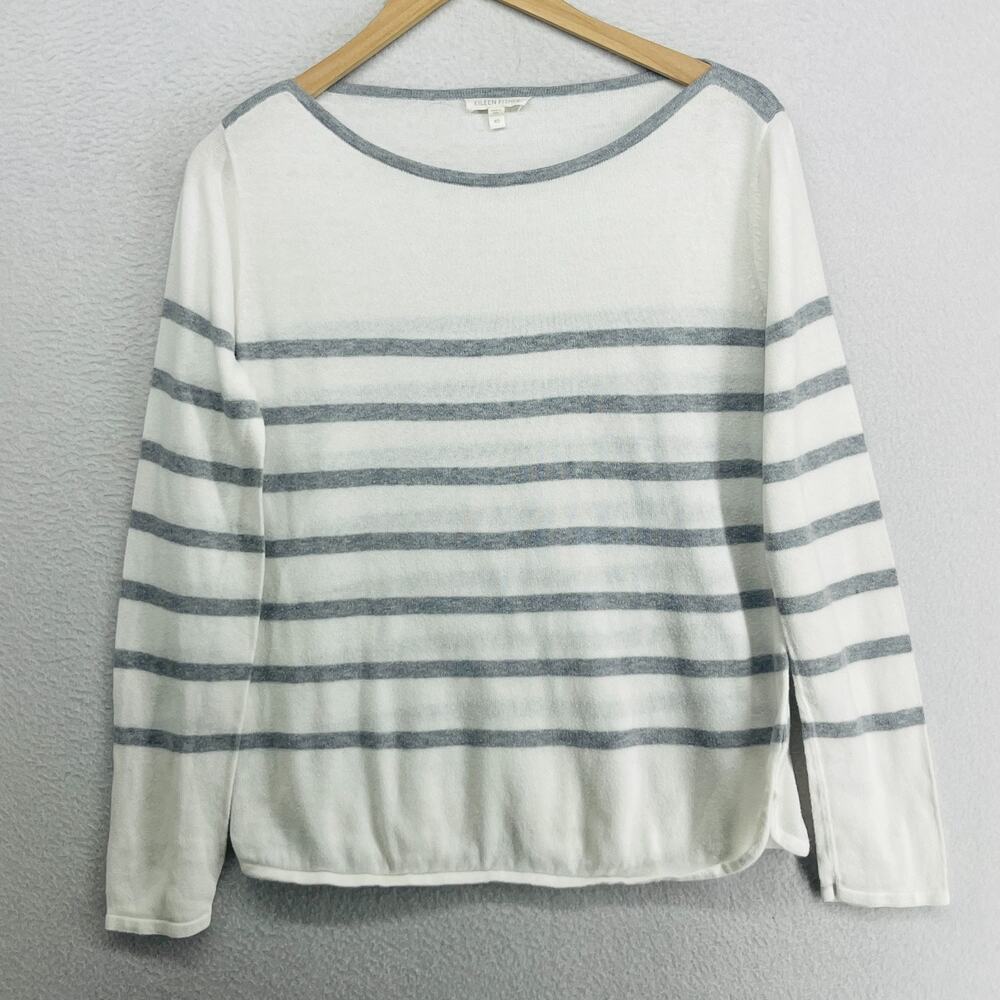 EILEEN FISHER Sweater XS Organic Cotton Jersey Boat Neck Striped Pullover White